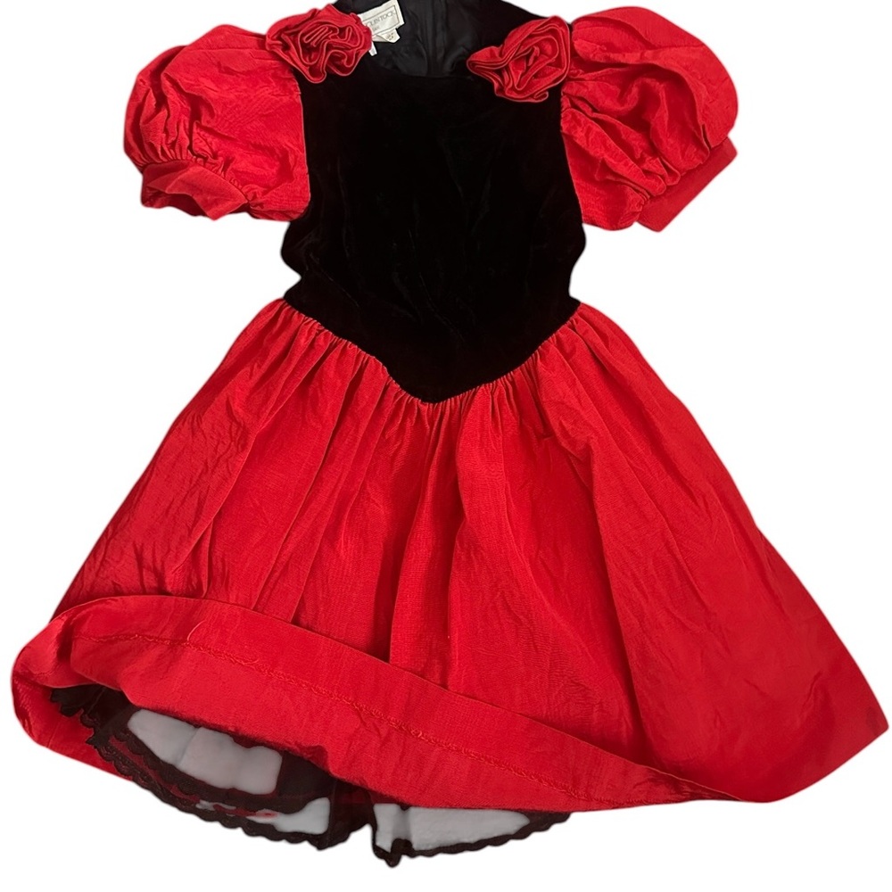 Jessica McClintock Red and Black Velvet Puff Sleeve Princess Dress Girls 6